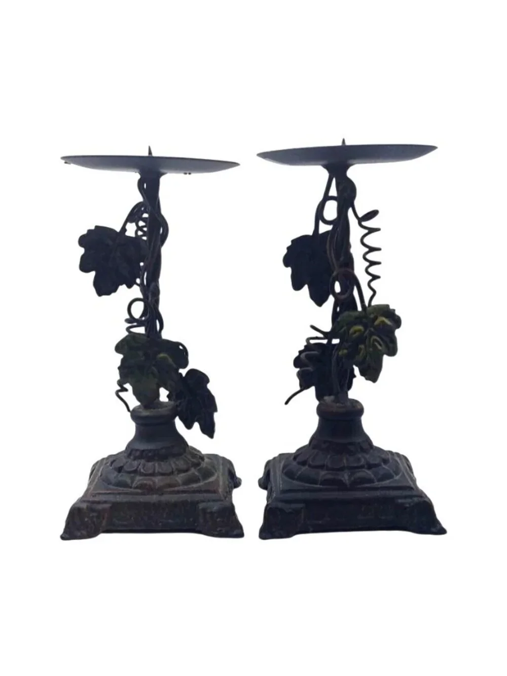 Vintage Cast Iron Metal Grape Vine Pillar Candle Holders Set Of 2 Rustic Decor